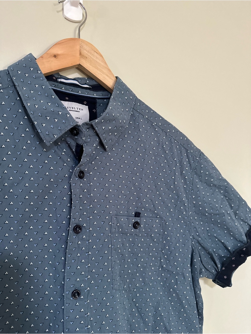 Level Ten Mens Modern Short Sleeve Geo-Print Button-Up Blue Shirt - Picture 3 of 7
